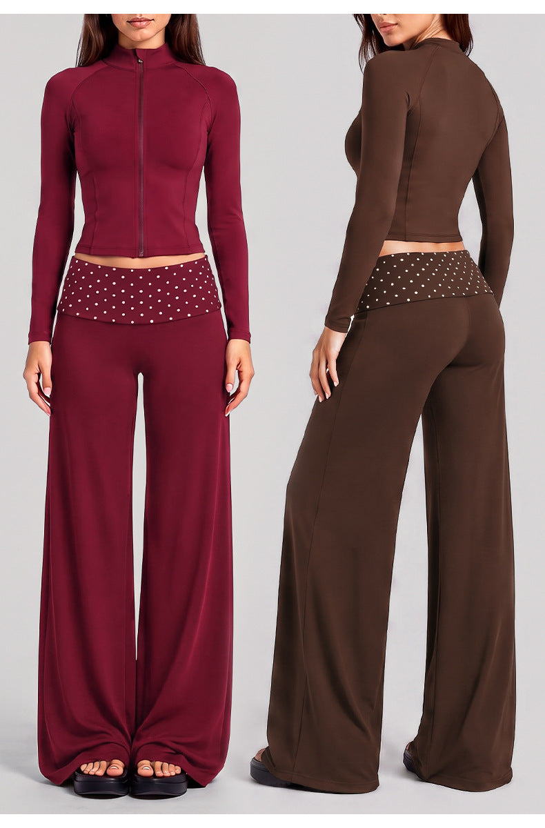 Wholesale Women’s Activewear Set | Slim-Fit Zip-Up Jacket & Contrast Polka Dot Foldover Waist Pants | fouregg