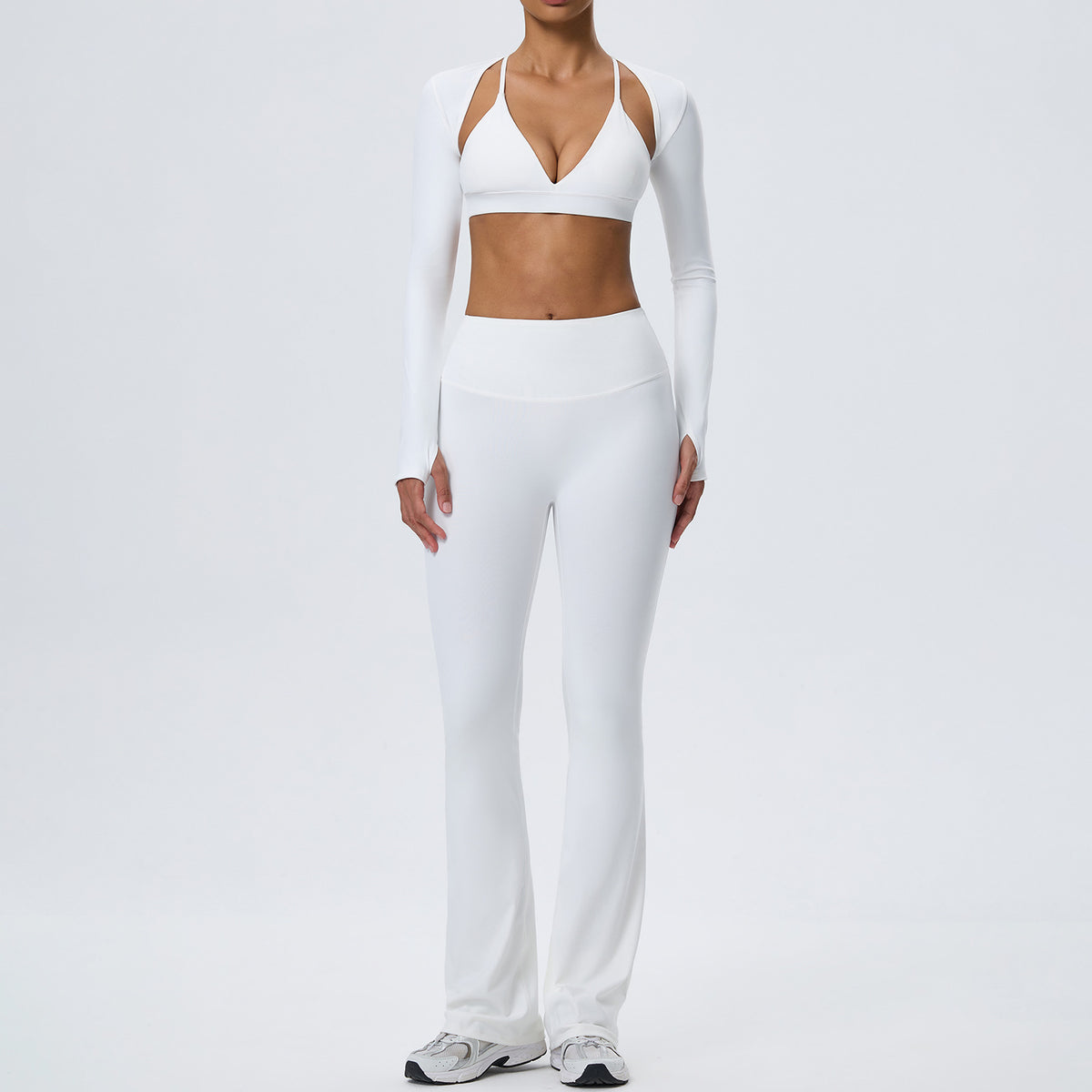 Wholesale Women’s Double-Brushed Yoga Set | Bulk 3-Piece Sculpting Fitness & Running Wear | fouregg - White