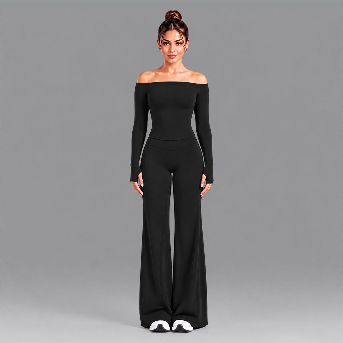 Wholesale Women’s Seamless Activewear Set | Slim-Fit Off-Shoulder Top & Peach-Lift Yoga Pants | fouregg - Long Sleeve + Flare Pants Black