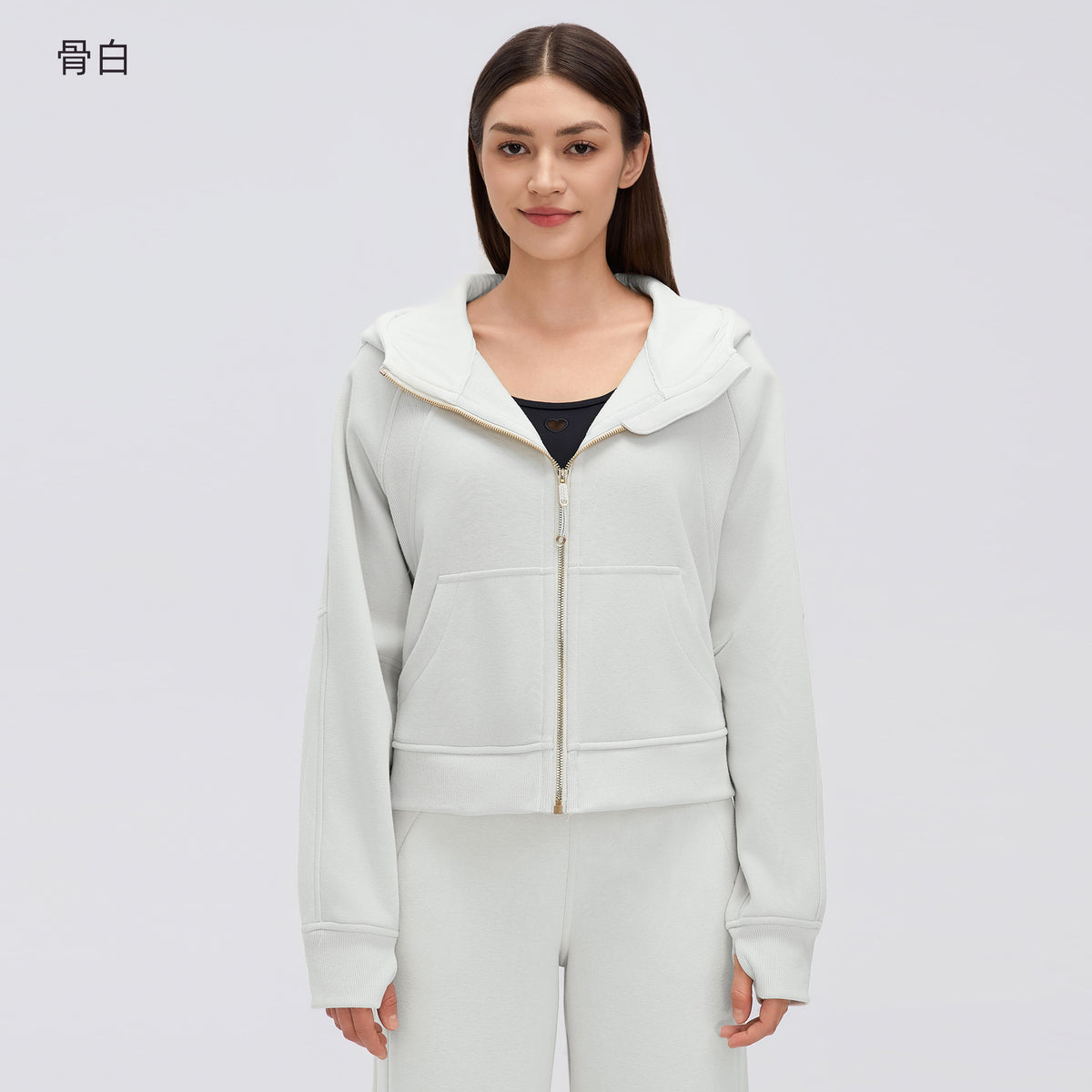 Wholesale Women’s Winter Cropped Hoodie Jacket | Relaxed-Fit Thermal Sportswear for Petite Sizes | fouregg - Bone White