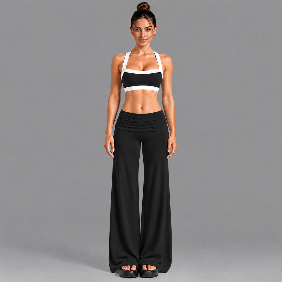 Wholesale Women’s Activewear Set | Contrast-Color Yoga Bra & Pilates Fitness Pants | fouregg - 6231 Underwear + 6090 Long Pants Black