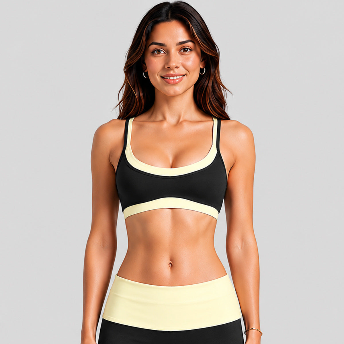 Wholesale Women’s Activewear Set | Faux-Layered Sports Bra & Quick-Dry Flared Yoga Pants | fouregg - 6188 Bra Black/Cream Yellow