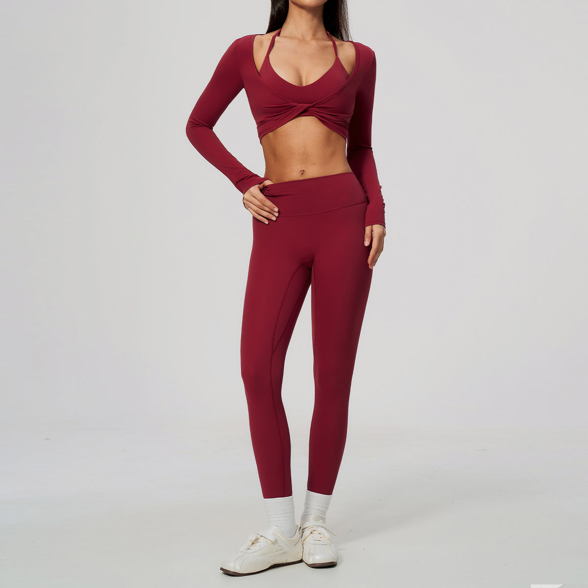 Wholesale Women’s Brushed Activewear Set 5529 | Slim-Fit Halter, Stand-Collar Jacket & Sculpting Pants | fouregg - 5529 Bra + 8519 Pants + 5529-1 Long Sleeve, Cherry Red