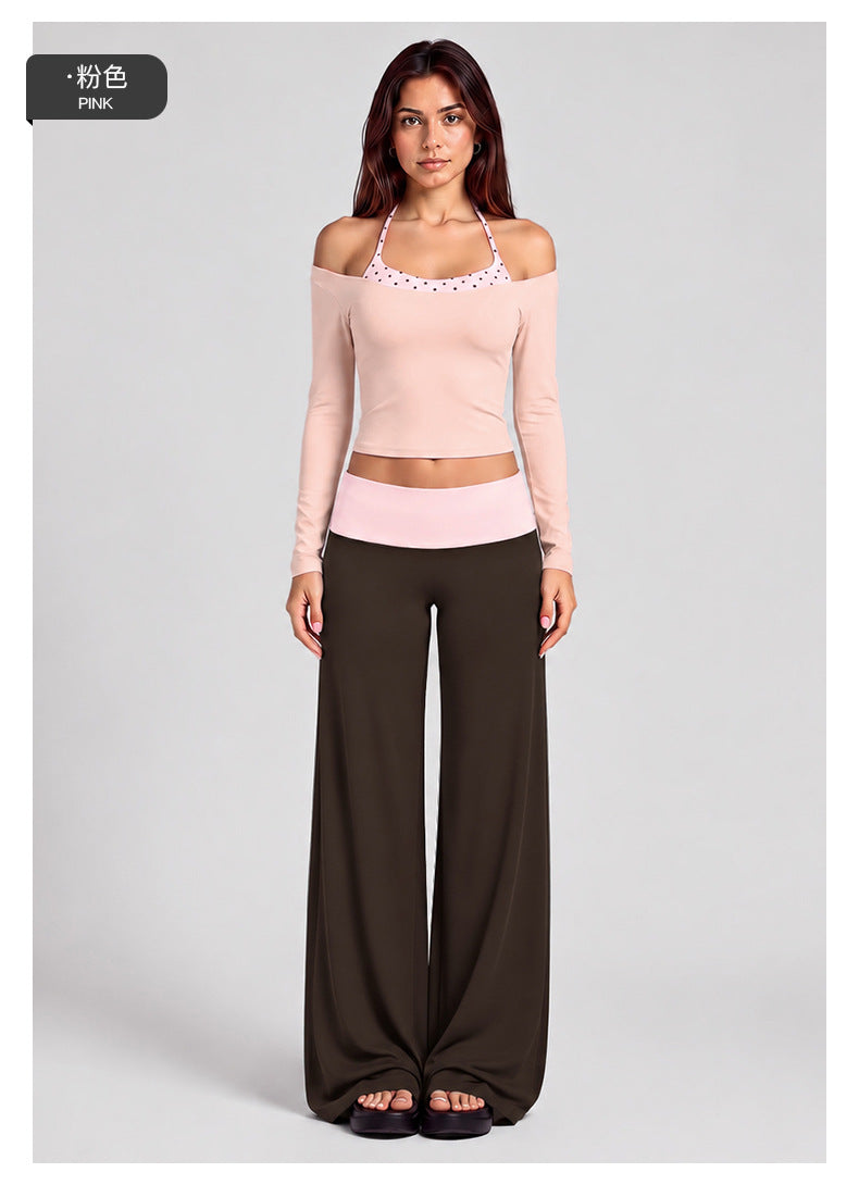 Wholesale Women’s Activewear Set | Long Sleeve Mock-Layer Halter Top & Straight-Leg Yoga Pants | fouregg