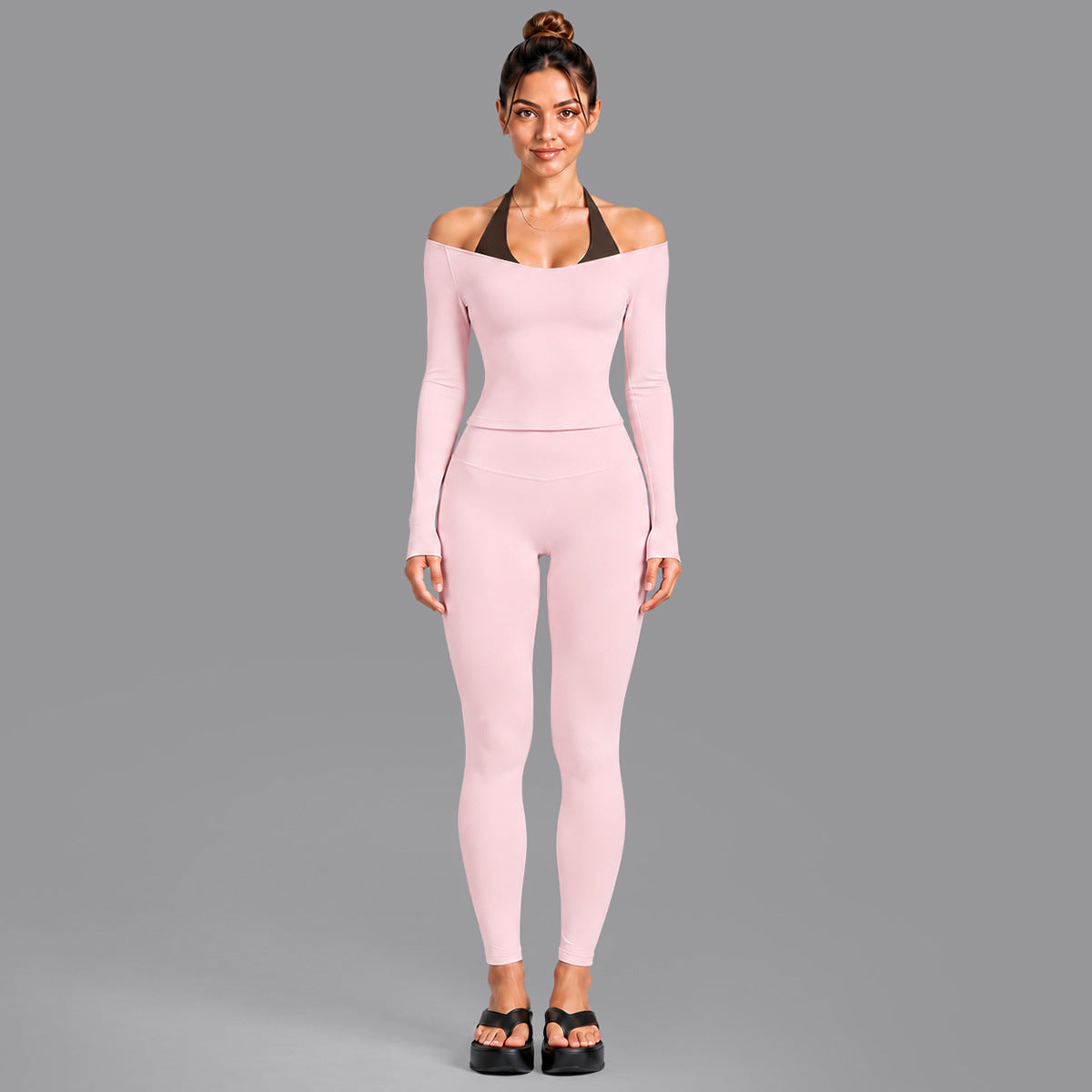 Wholesale Women’s Activewear Set | Double-Layer Halter Sports Top & Breathable Fitness Leggings | fouregg - 6278 Long Sleeve + 1352 Leggings Light Pink