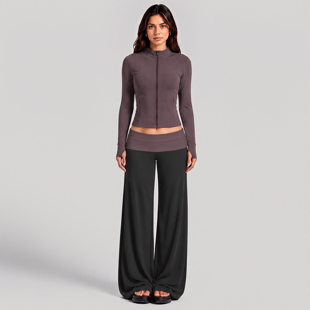 Wholesale Women’s Activewear Set | Quick-Dry Color-Block Track Jacket & Polka Dot Yoga Pants | fouregg - XL37 Jacket + 6187 Pants, Dark Brown