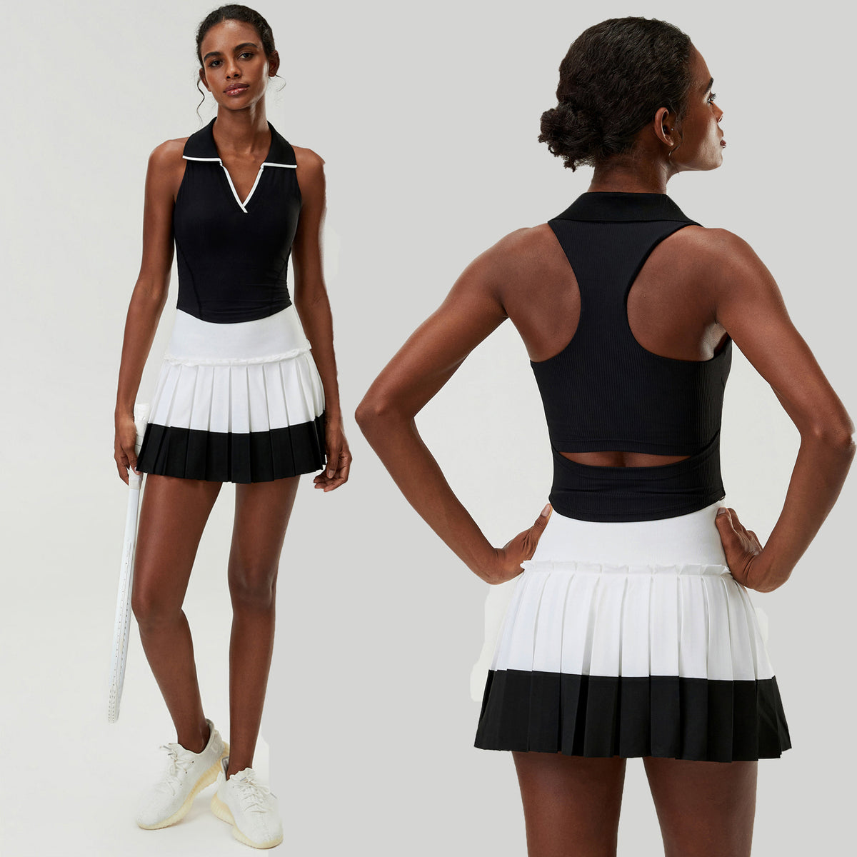 Wholesale Women's 2-Piece Sports Skirt Set | Cutout-Waist Tank Top & Puff-Edge Skirt | Quick-Dry Activewear | fouregg