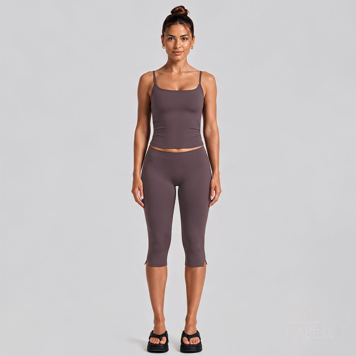 Wholesale Women’s Quick-Dry Activewear Set | Slim-Fit Dual-Strap Tank Top & 3/4-Length Cycling Pants | fouregg - Dark Brown