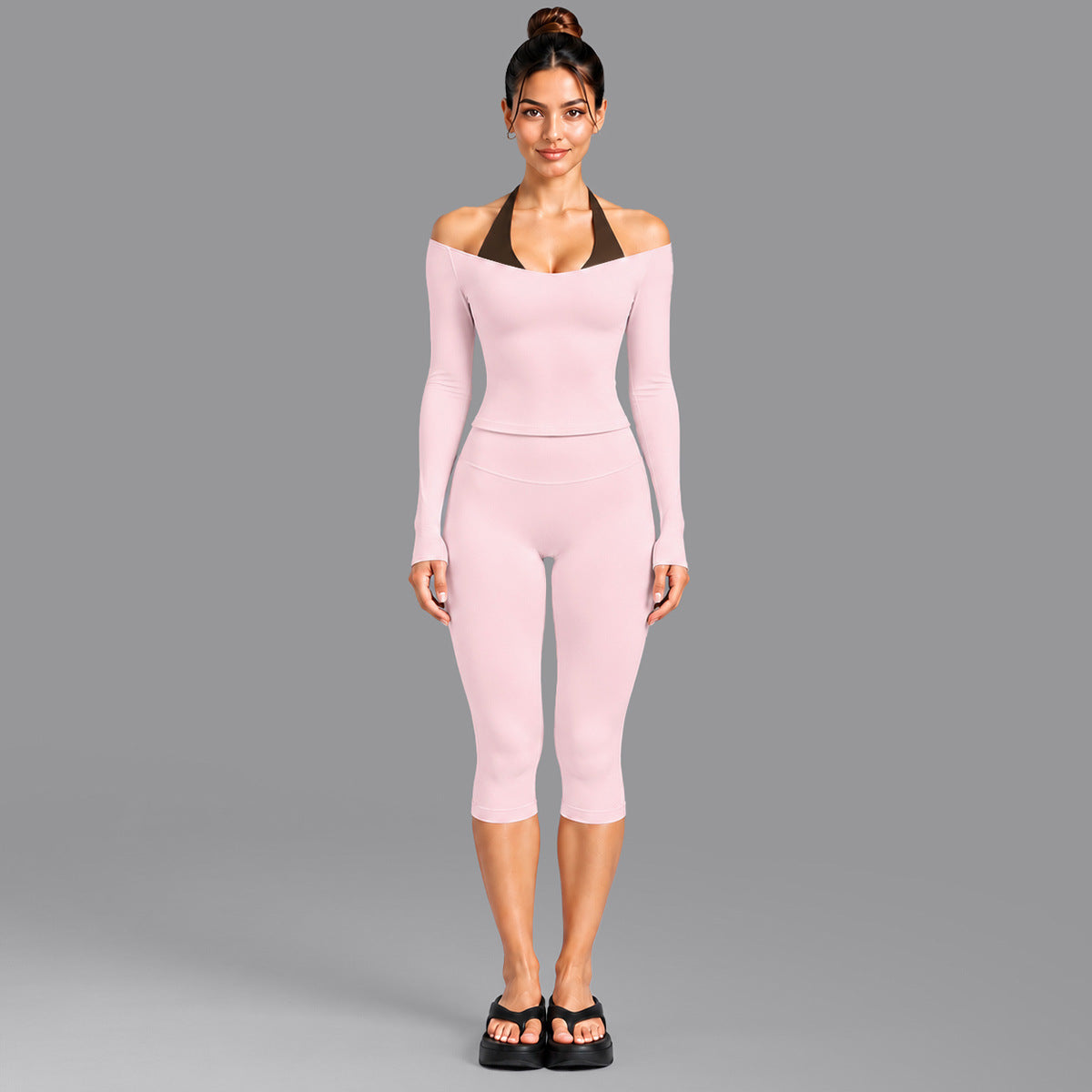 Wholesale Women’s Activewear Set | Double-Layer Halter Sports Top & Breathable Fitness Leggings | fouregg - 6278 Long Sleeve + 1554 Capri Pants Light Pink