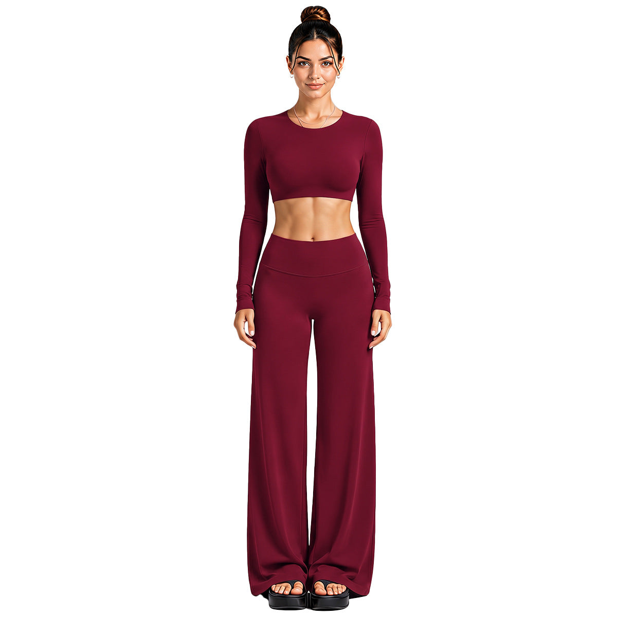 Wholesale Women’s Activewear Set | Cutout Back Long Sleeve Tee & High-Waisted Loose Pants | fouregg