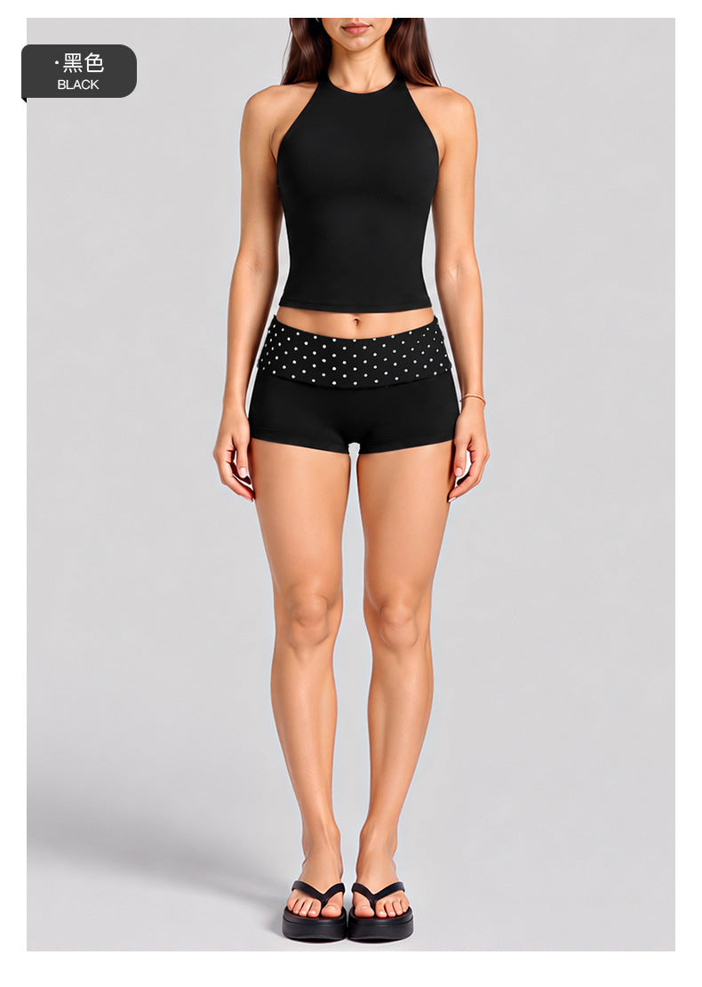 Wholesale Women’s Activewear Set | Halter Sports Top & Contrast Polka Dot Workout Pants | fouregg