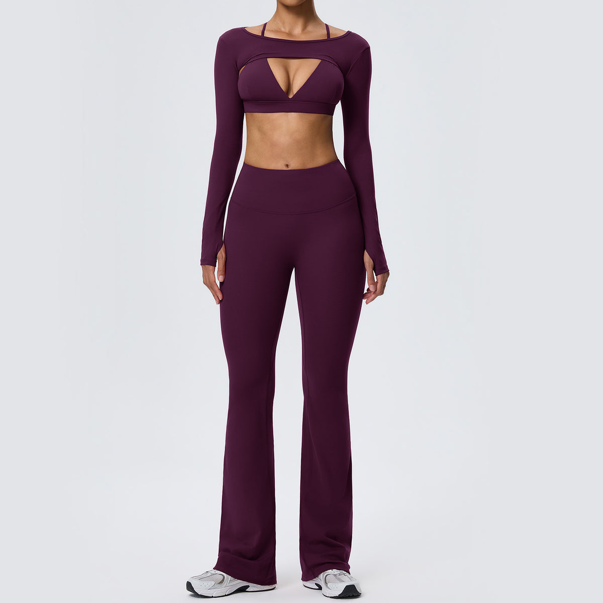Wholesale Nude-Feel Activewear Set | Double-Brushed Bra, Butt-Lift Flare Pants & Cover-Up | fouregg - Plum Purple