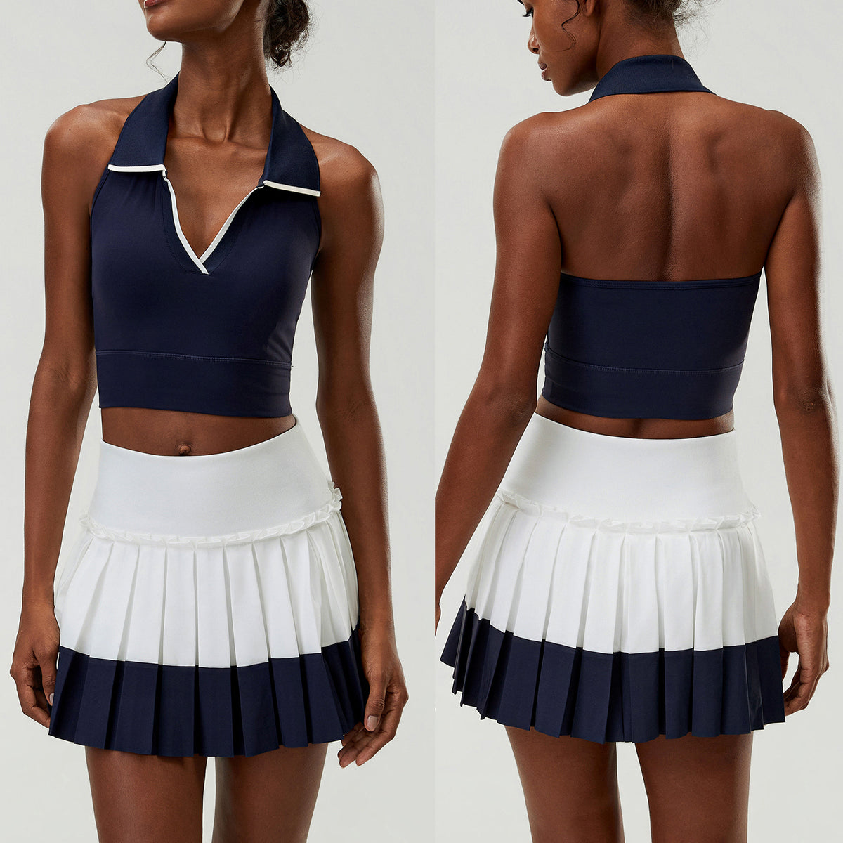 Wholesale Women's 2-Piece Tennis Skirt Set | Halter Sports Tank & Puff-Edge Skirt | Quick-Dry Activewear | fouregg - Denim Blue