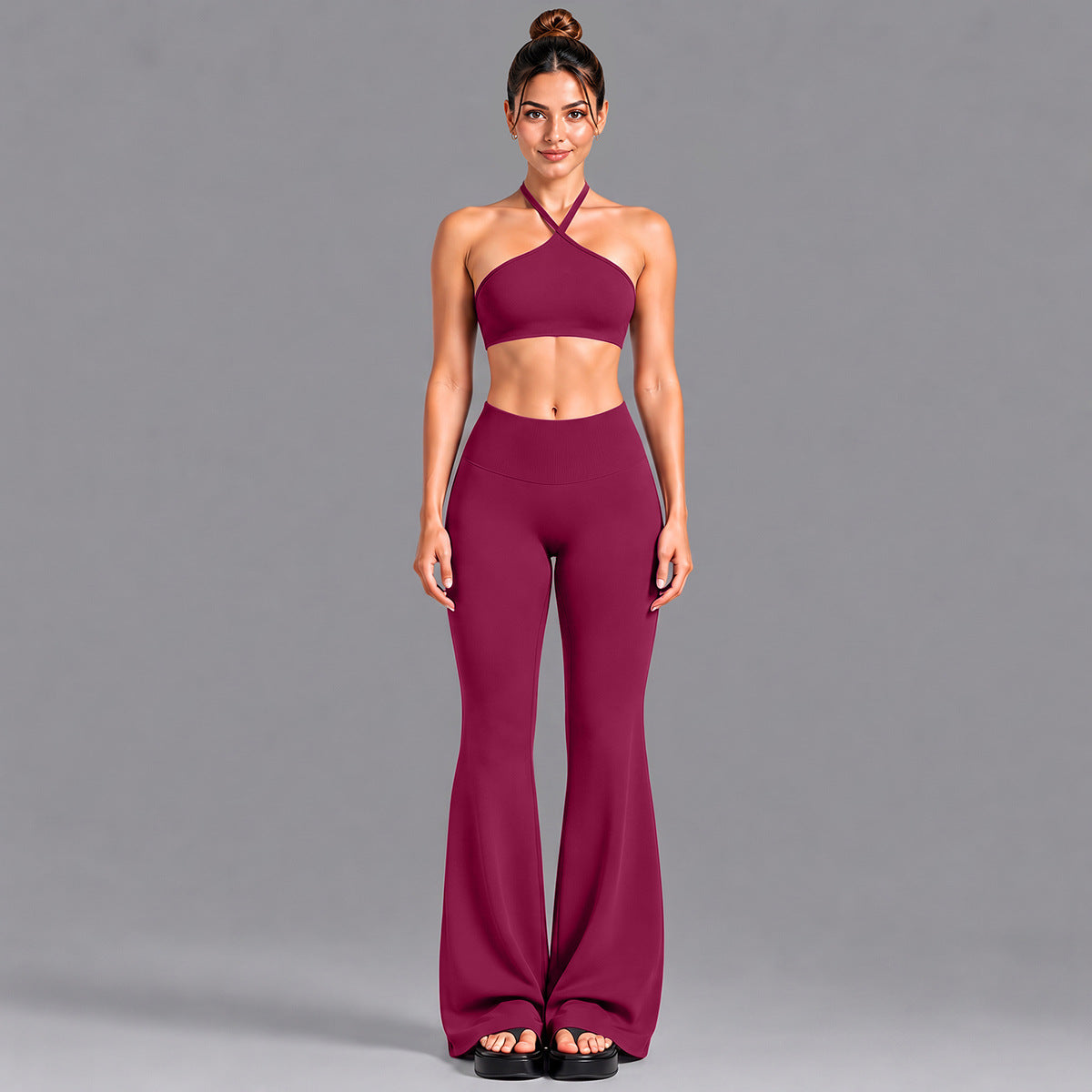 Wholesale Women’s Activewear Set | Contrast Stripe Workout Top & Casual Fitness Leggings | fouregg - Underwear + Flared Pants, Berry Red