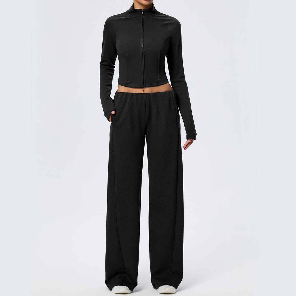 Wholesale Thermal Activewear Set | Cotton-Feel Long-Sleeve Top & Wide-Leg Trousers | fouregg - Black