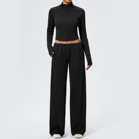 Wholesale Thermal Activewear Set | Cotton-Feel Long-Sleeve Top & Wide-Leg Trousers | fouregg - Black