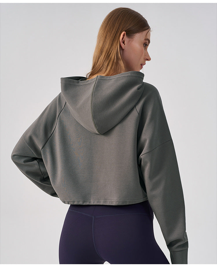 Wholesale Women’s Cropped Sweatshirt | Bulk Relaxed-Fit Hooded Workout Top | fouregg