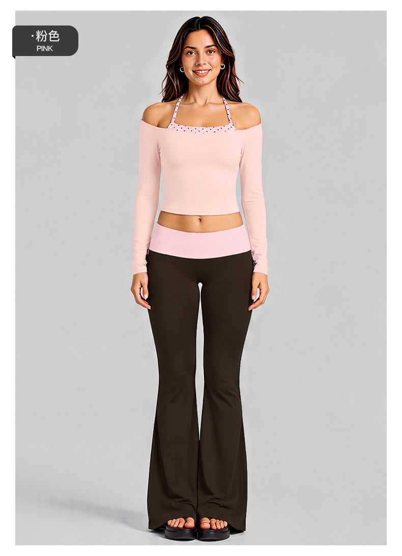 Wholesale Women’s Activewear Set | Long Sleeve Mock-Layer Halter Top & Straight-Leg Yoga Pants | fouregg