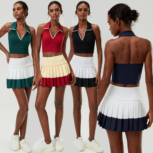 Wholesale Women's 2-Piece Tennis Skirt Set | Halter Sports Tank & Puff-Edge Skirt | Quick-Dry Activewear | fouregg