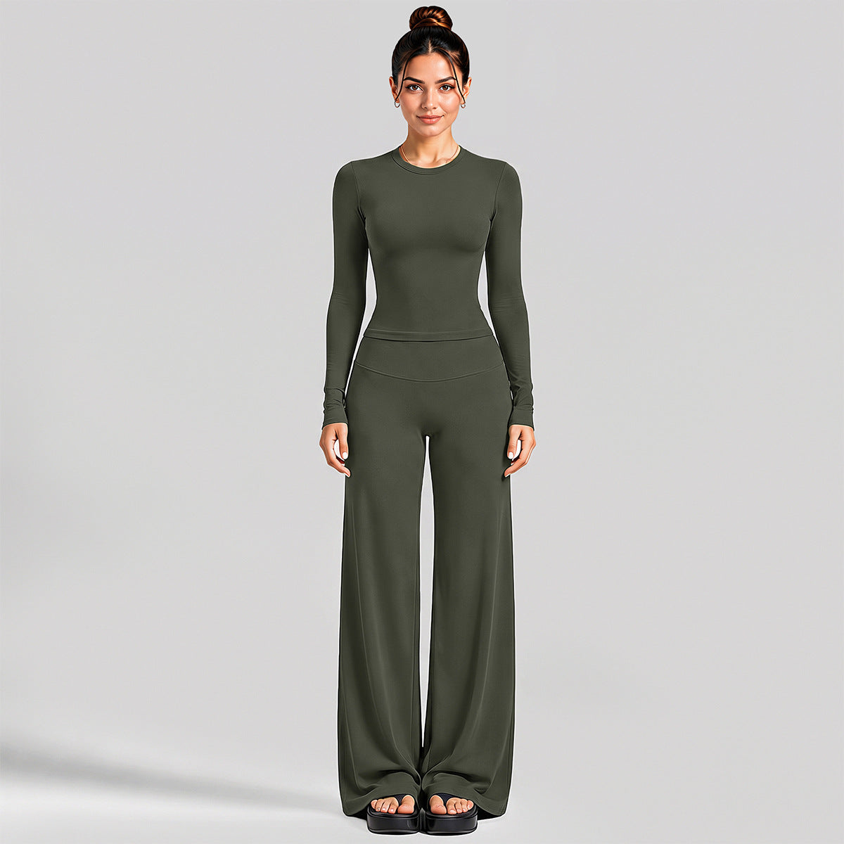 Wholesale Women’s Activewear Set | Fitted Long Sleeve Tee & Loose Straight-Leg Workout Trousers | fouregg - Long Sleeve + Straight-Leg Pants, Olive Green