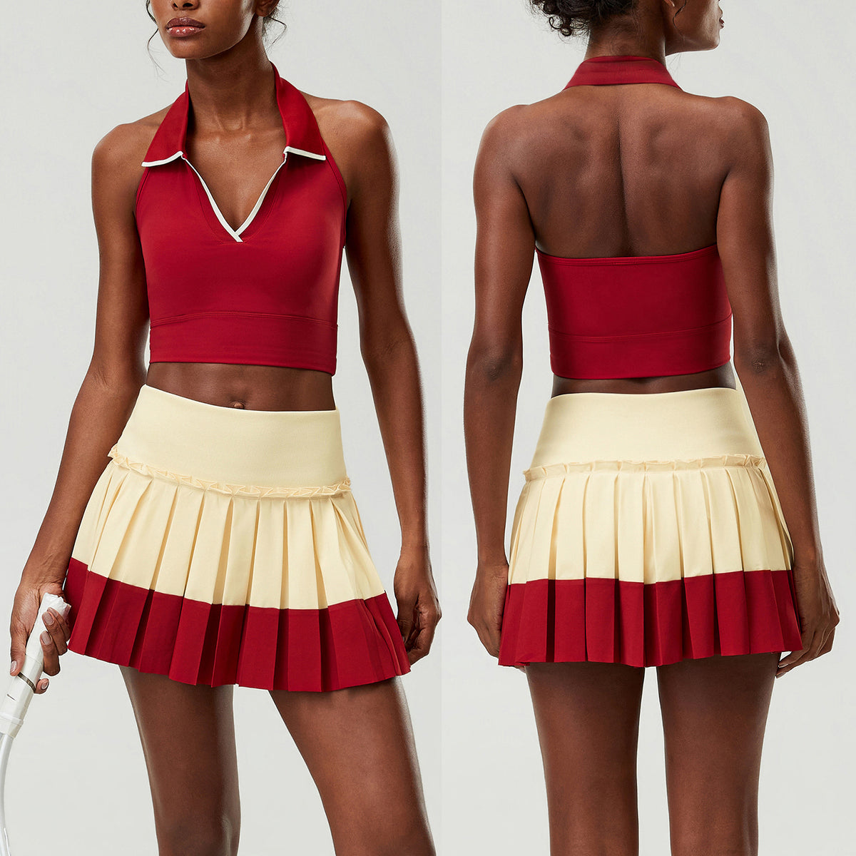 Wholesale Women's 2-Piece Tennis Skirt Set | Halter Sports Tank & Puff-Edge Skirt | Quick-Dry Activewear | fouregg - Ankara Red