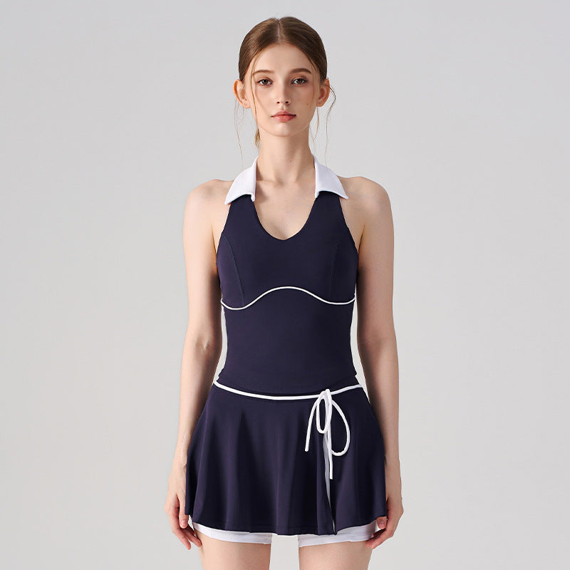 Wholesale Women’s 2-Piece Tennis Set | Bulk High-Waist Skort with Built-In Shorts | fouregg - Navy Blue