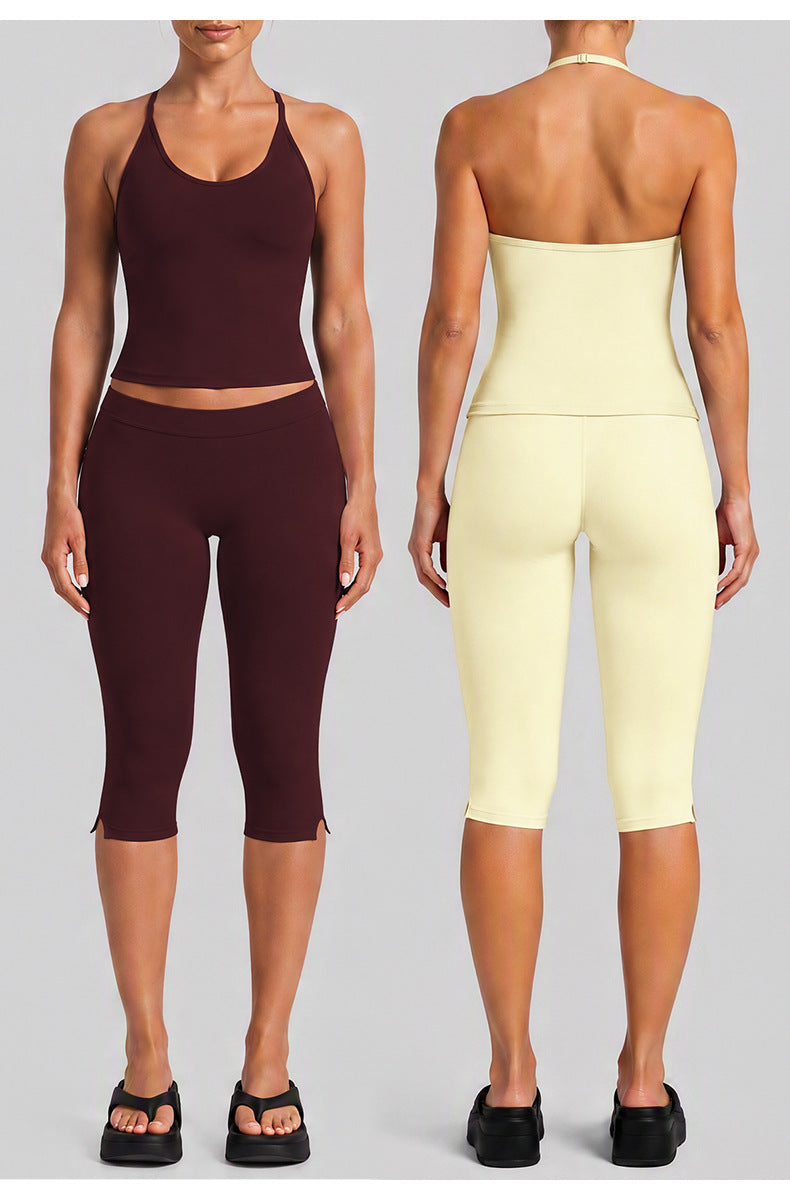 Wholesale Women’s Fitness Set | Backless Halter Sports Top & 3/4-Length Workout Pants | fouregg