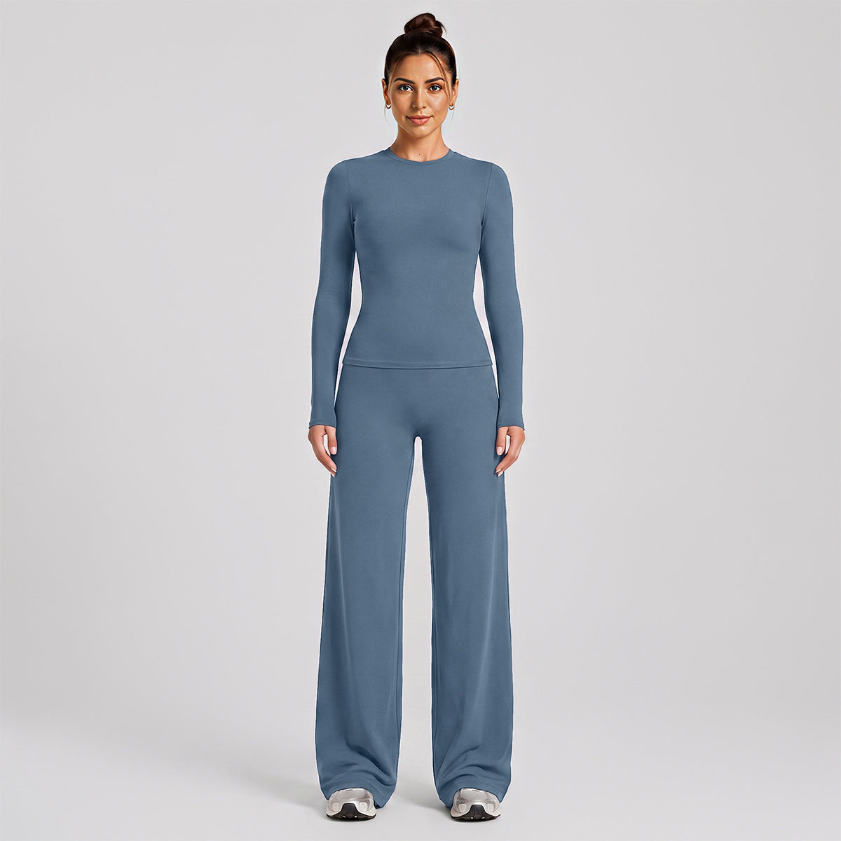 Wholesale Women’s Activewear Set | Slim-Fit Long Sleeve Tee & High-Waisted Loose Workout Pants | fouregg - Blue Gray