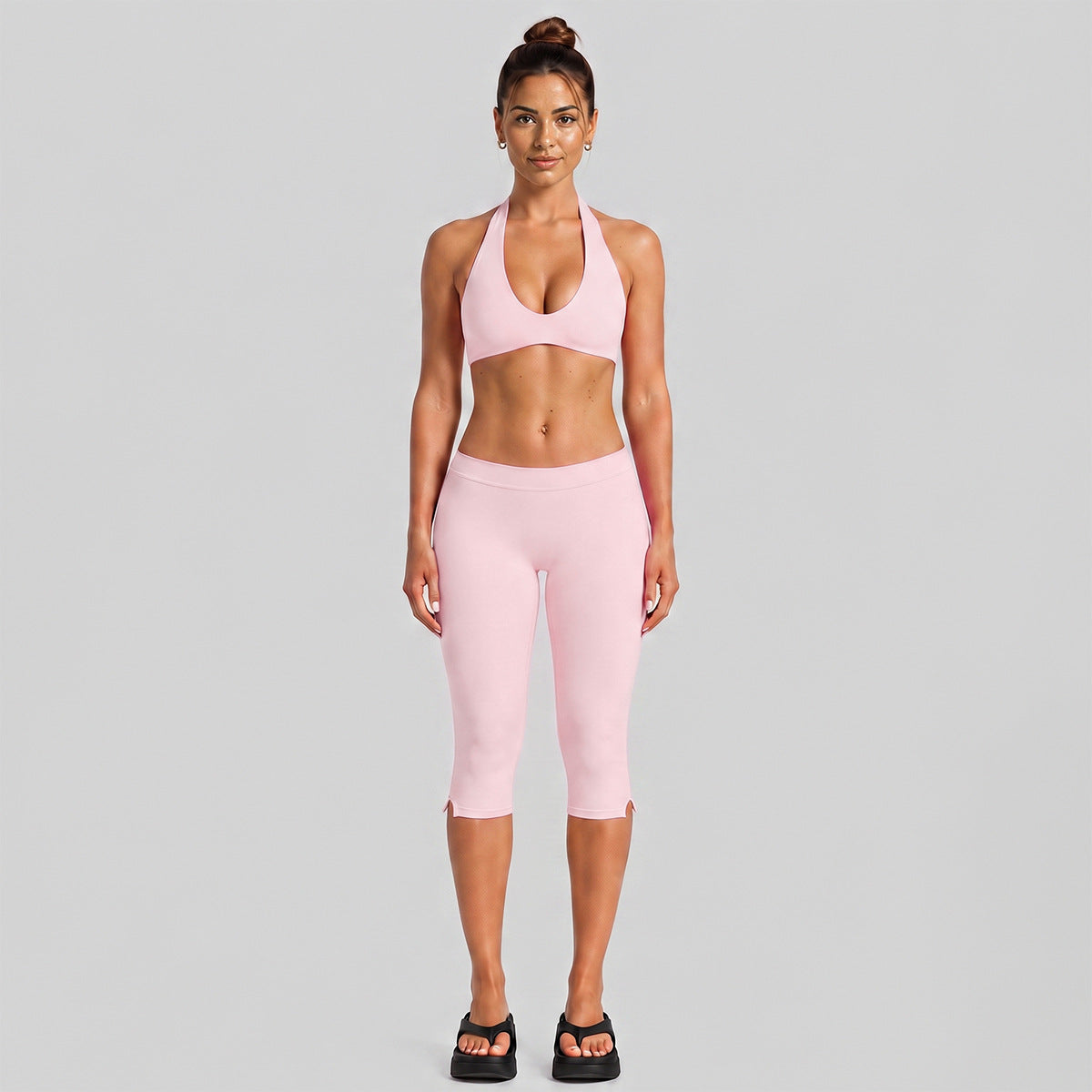 Wholesale Women’s Activewear Set | Halter Workout Top & Capri Pants for Running, Cycling & Pilates | fouregg - Pink