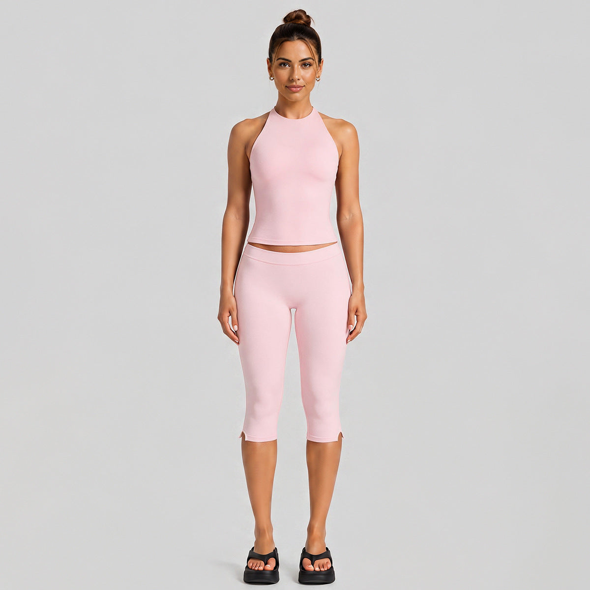 Wholesale Women’s Activewear Set | Halter Neck Workout Top & High-Stretch Pilates Leggings | fouregg - Mid-length Pants Set, Pink
