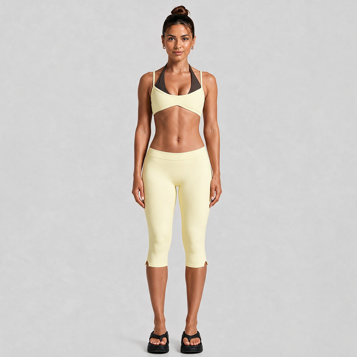 Wholesale Women’s Activewear Set | Contrast-Color Halter Bra & 3/4-Length Running Workout Pants | fouregg - Cream Yellow