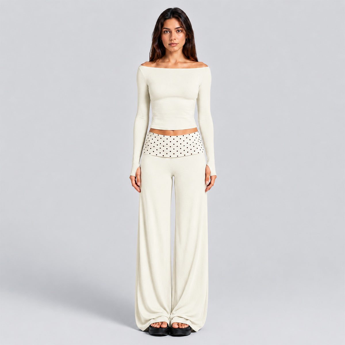 Wholesale Women’s Activewear Set | Slim-Fit Off-Shoulder Tee & Contrast Polka Dot Straight-Leg Pants | fouregg - Albumin White