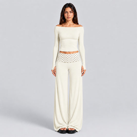 Wholesale Women’s Activewear Set | Slim-Fit Off-Shoulder Tee & Contrast Polka Dot Straight-Leg Pants | fouregg - Albumin White