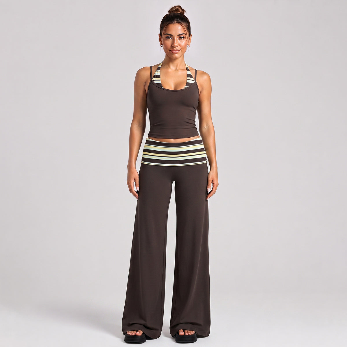 Wholesale Women’s Color-Block Activewear Set | Striped Backless Sports Top & Running Workout Pants | fouregg - Tank Top + Long Pants, Island Stripes