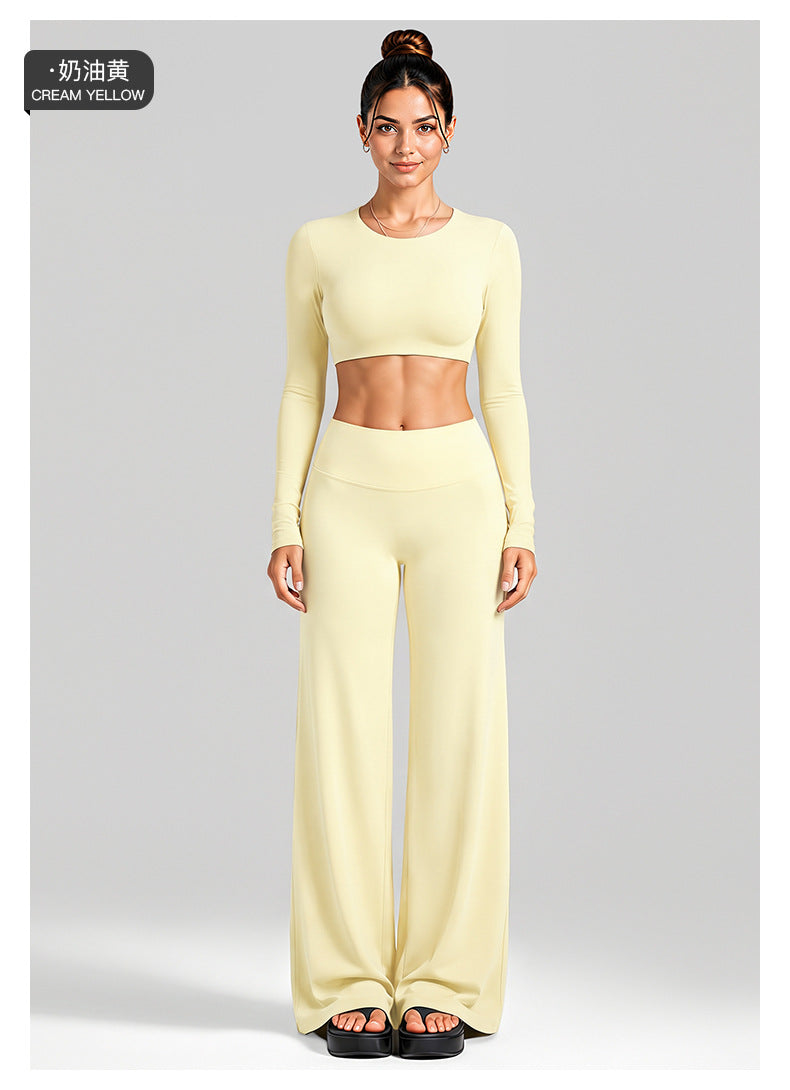 Wholesale Women’s Activewear Set | Cutout Back Long Sleeve Tee & High-Waisted Loose Pants | fouregg
