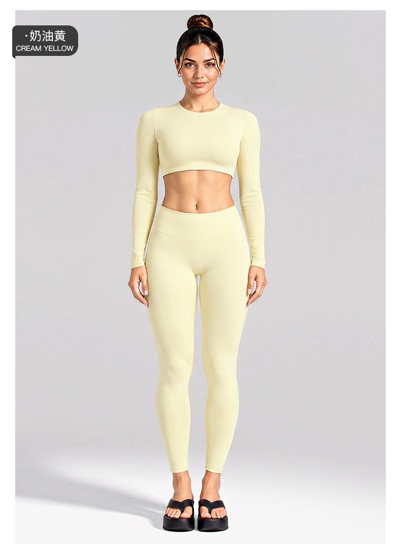 Wholesale Women’s Activewear Set | Cutout Back Long Sleeve Tee & High-Waisted Loose Pants | fouregg