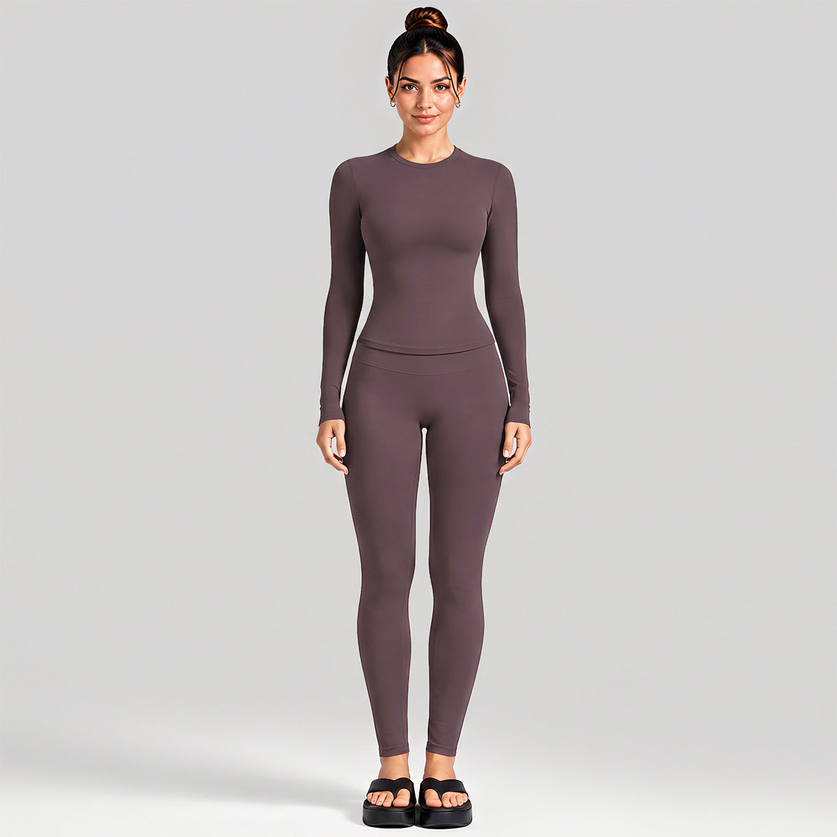 Wholesale Women’s Activewear Set | Fitted Long Sleeve Tee & Loose Straight-Leg Workout Trousers | fouregg - Long Sleeve + Leggings, Dark Brown