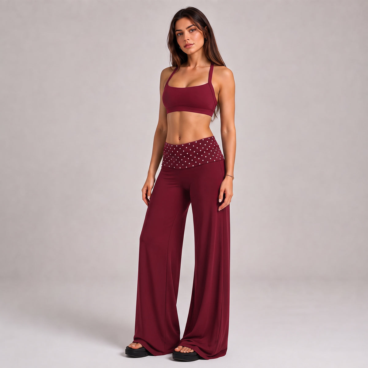 Wholesale Women’s Quick-Dry Activewear Set | Open-Back Halter Bra & Polka Dot Workout Pants | fouregg - Pants + underwear, Rumba red