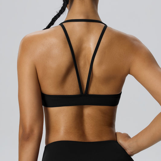 Wholesale Women’s Double-Brushed Sports Bra | Bulk V-Neck Halter Fitness & Yoga Wear 62767 | fouregg - Black