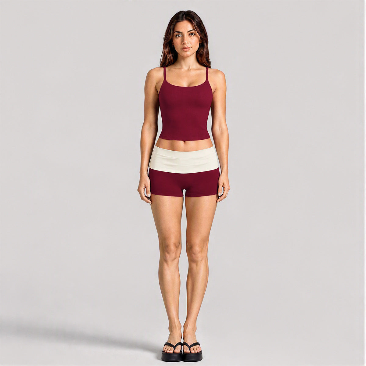 Wholesale Women’s Activewear Set | Backless Sports Tank & Color-Block High-Waisted Yoga Leggings | fouregg - Tank Top + Shorts, Rumba Red