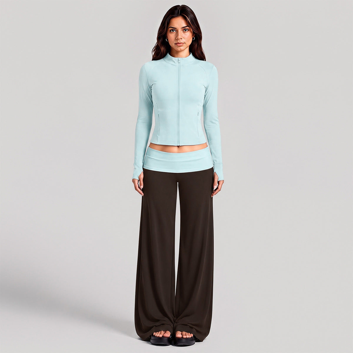 Wholesale Women’s Activewear Set | Quick-Dry Color-Block Track Jacket & Polka Dot Yoga Pants | fouregg - XL37 Jacket + 6187 Pants, Light Blue