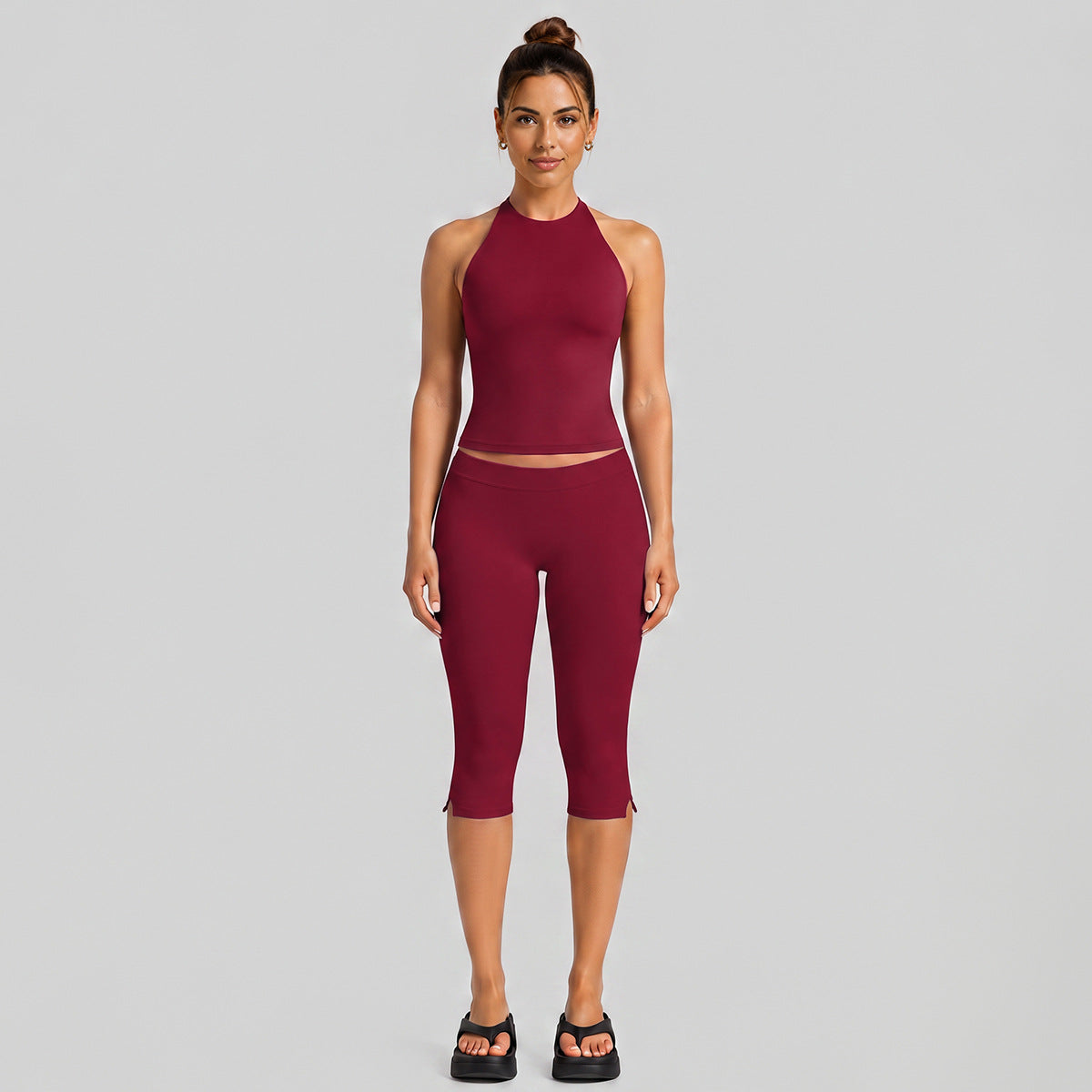 Wholesale Women’s Activewear Set | Halter Neck Workout Top & High-Stretch Pilates Leggings | fouregg - Mid-length Pants Set, Rumba Red
