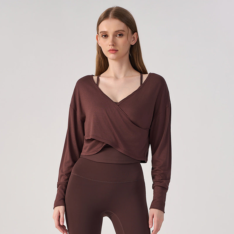 Wholesale Women’s Crossover Yoga Cardigan | Premium Lightweight Loose-Fit Activewear Jacket | fouregg - Coffee