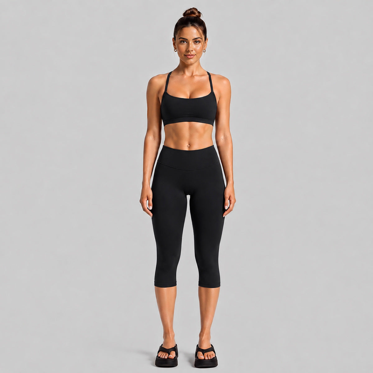 Wholesale Women’s Activewear Set | Halter Neck Sports Bra for Running, Cycling & Pilates | fouregg - Slim-Fit Mid-Length Set, Black