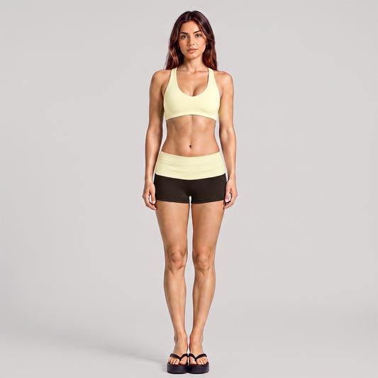 Wholesale Women’s Activewear Set | High-Support Racerback Bra & Color-Block Workout Leggings | fouregg - Underwear + Shorts, Cream Yellow