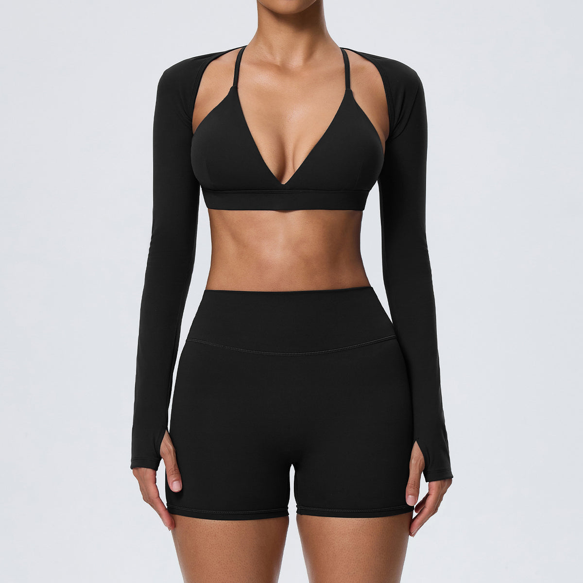 Wholesale Women’s Double-Brushed Activewear Set | Bulk 3-Piece Yoga & Running Outfit | fouregg - Black