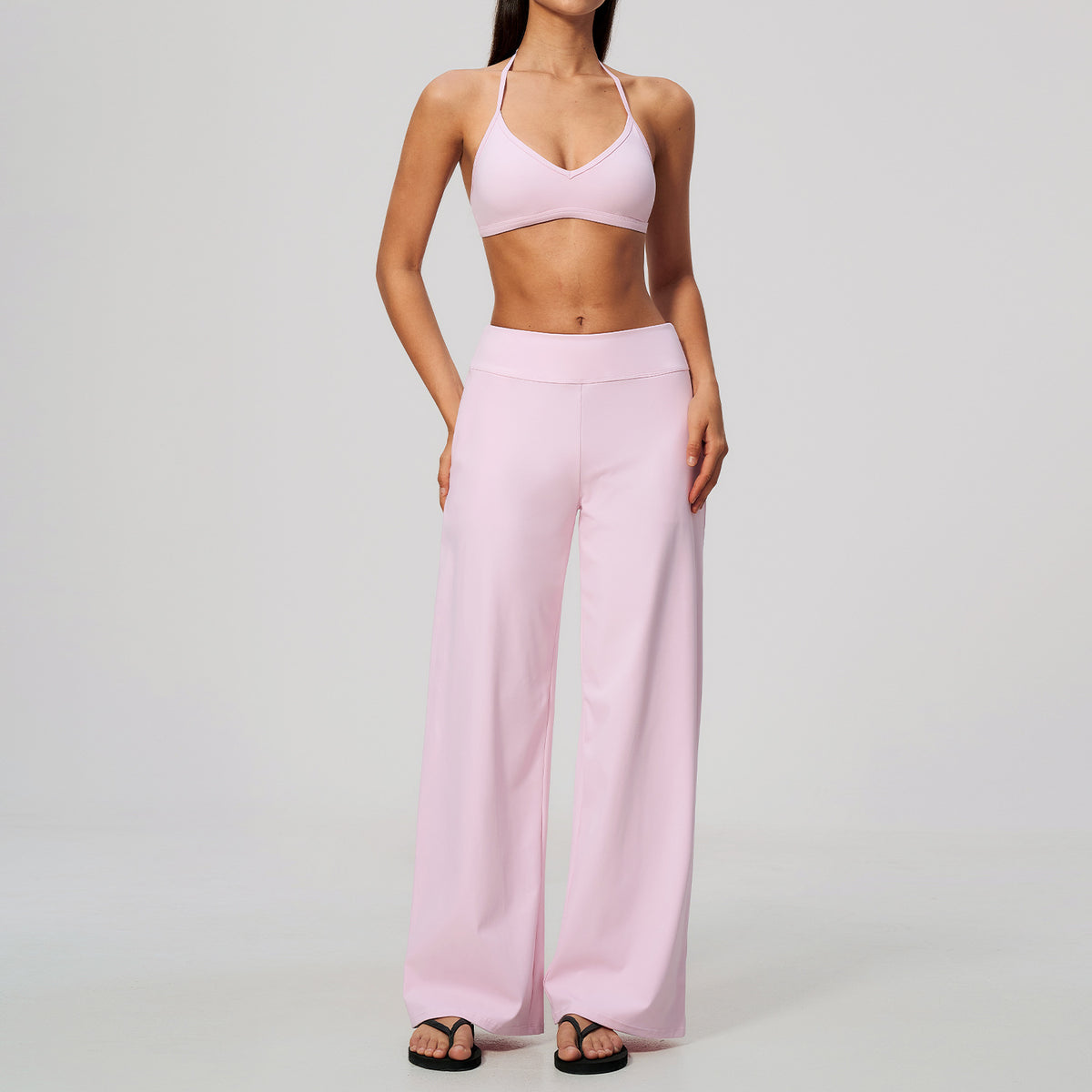 Wholesale Women’s Brushed Activewear Set | Halter Low-Rise Workout Wear 5555 | fouregg - 5555文胸+5555-1长裤—落樱粉