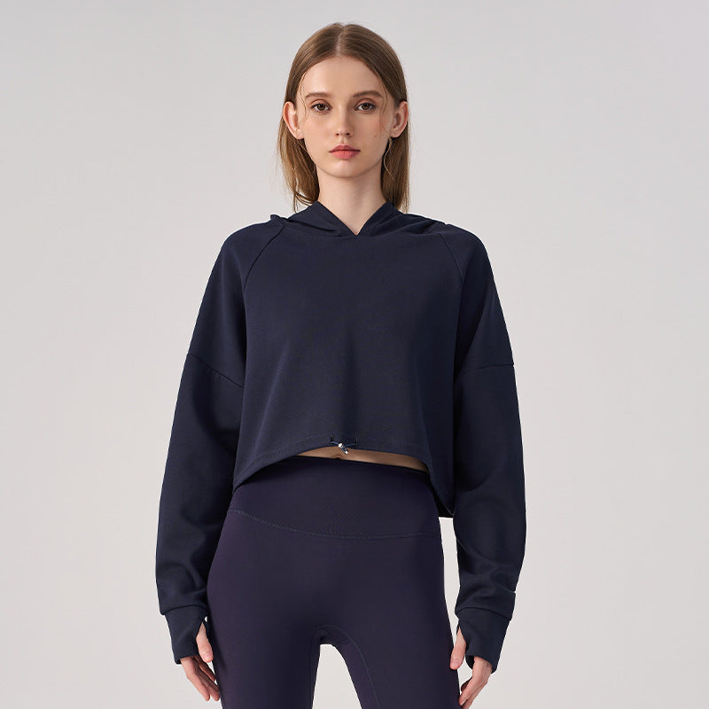 Wholesale Women’s Cropped Sweatshirt | Bulk Relaxed-Fit Hooded Workout Top | fouregg - Navy Blue