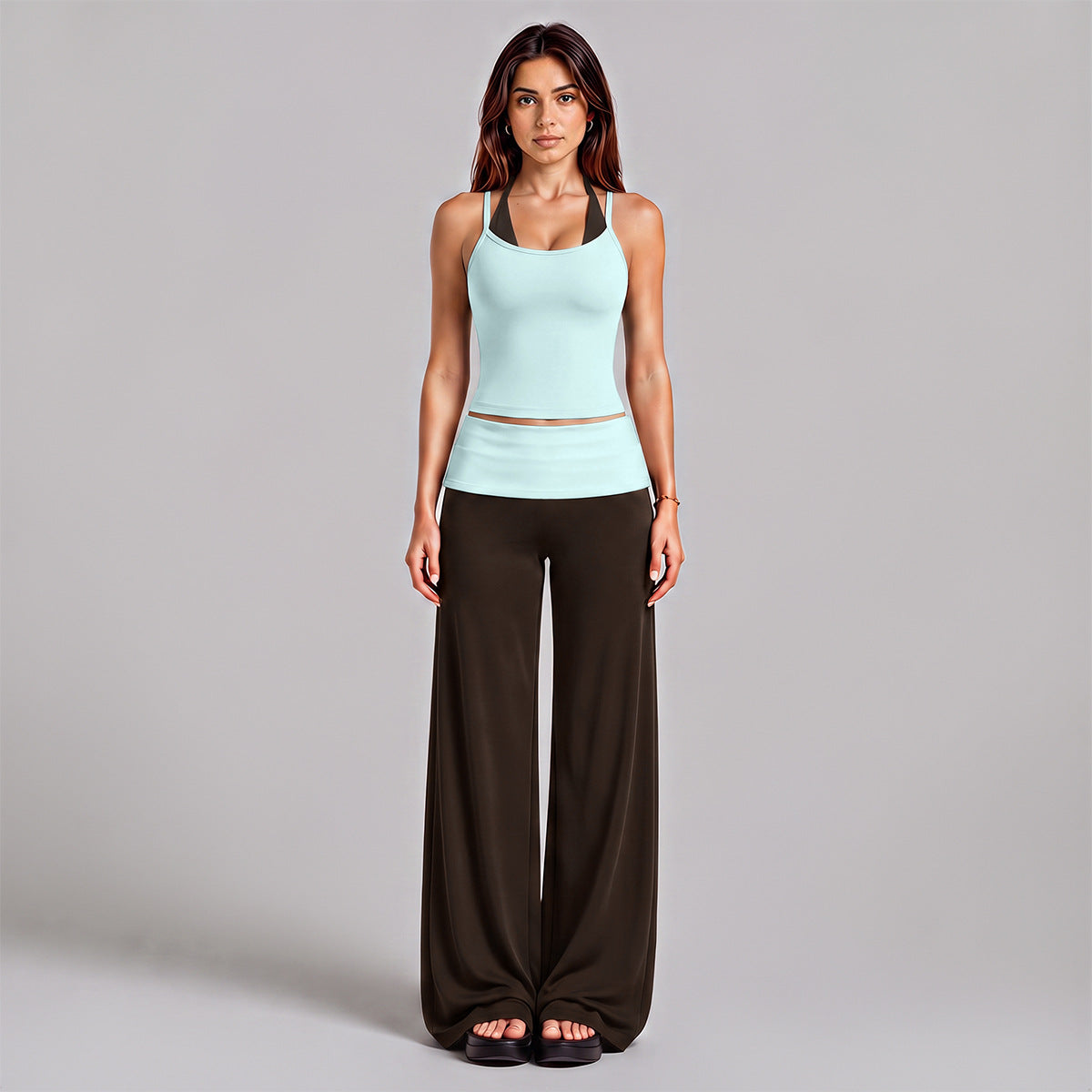 Wholesale Women’s Activewear Set | Halter Sports Top & Color-Block High-Waisted Yoga Pants | fouregg - 6147 Tank + 6187 Pants, Light Blue