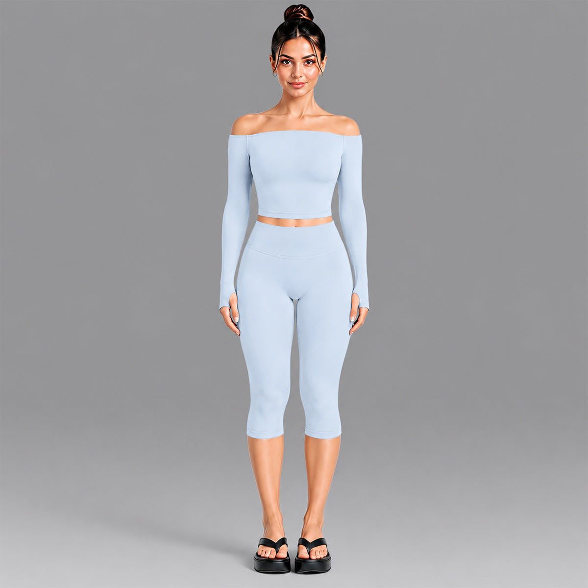 Wholesale Women’s Seamless Activewear Set | Slim-Fit Off-Shoulder Top & Peach-Lift Yoga Pants | fouregg - Long Sleeve + Shorts Mist Blue